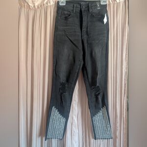 AKIRA Black Distressed Skinny Jeans with Rhinestone Fringe